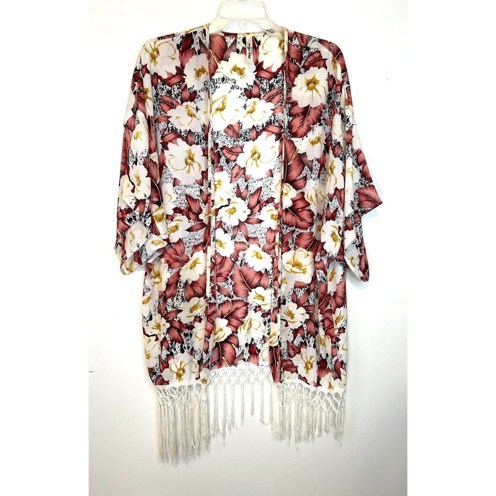 White Mark Kimono Wrap Womens One Size Tropical Fringe Floral Cover Up